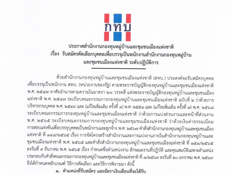 สำนักงานกองทุนหมู่บ้านและชุมชนเมืองแห่งชาติ เปิดรับสมัครบุคคลเพื่อบรรจุเป็นพนักงาน 34 อัตรา / บรรจุทั่วประเทศ / วุฒิ ป.ตรี ทุกสาขา และ อื่นๆ /  เงินเดือน 18150 / ไม่ต้องผ่าน ภาค ก. / สมัครออนไลน์ 23 ก.ย. – 7 ต.ค. 2569
