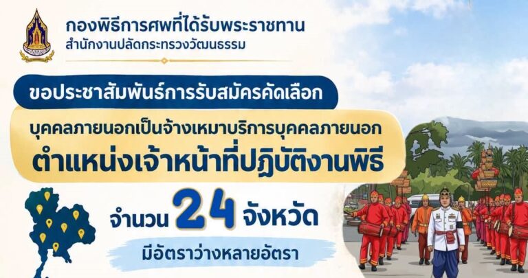 กระทรวงวัฒนธรรม เปิดรับสมัครงาน หลายอัตรา / ป.ตรี ทุกสาขา / 24 จังหวัด ทั่วประเทศ / เงินเดือน 15,000 / สมัคร 2 – 12 ตุลาคม 2569